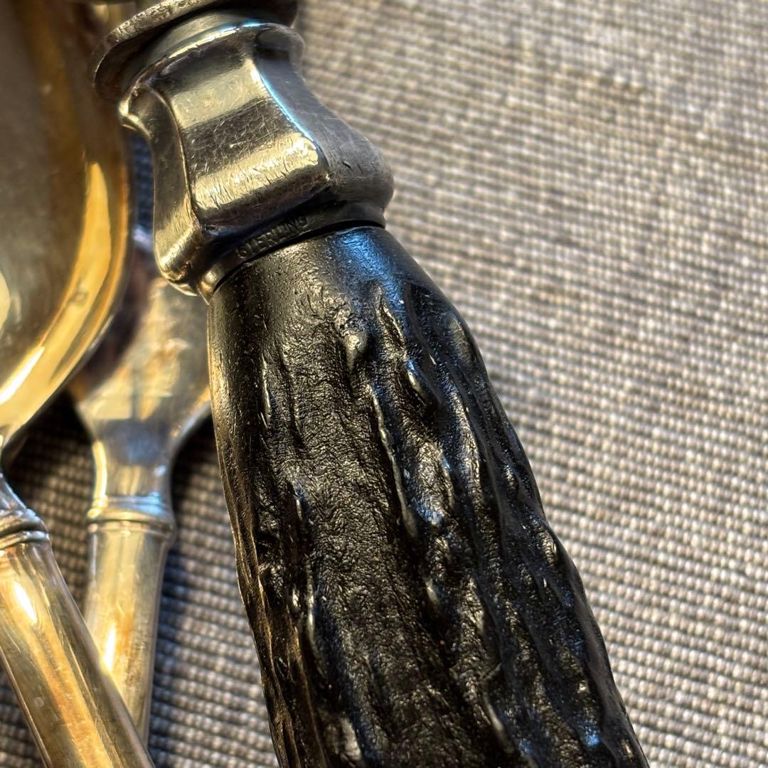 イギリス　アンティーク　スターリングシルバー　鹿角ハンドル カービングフォーク