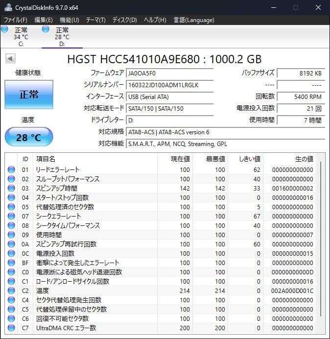 【ほぼ新品】HGST AVコマンド対応 1TB 2.5インチ HDD 7時間