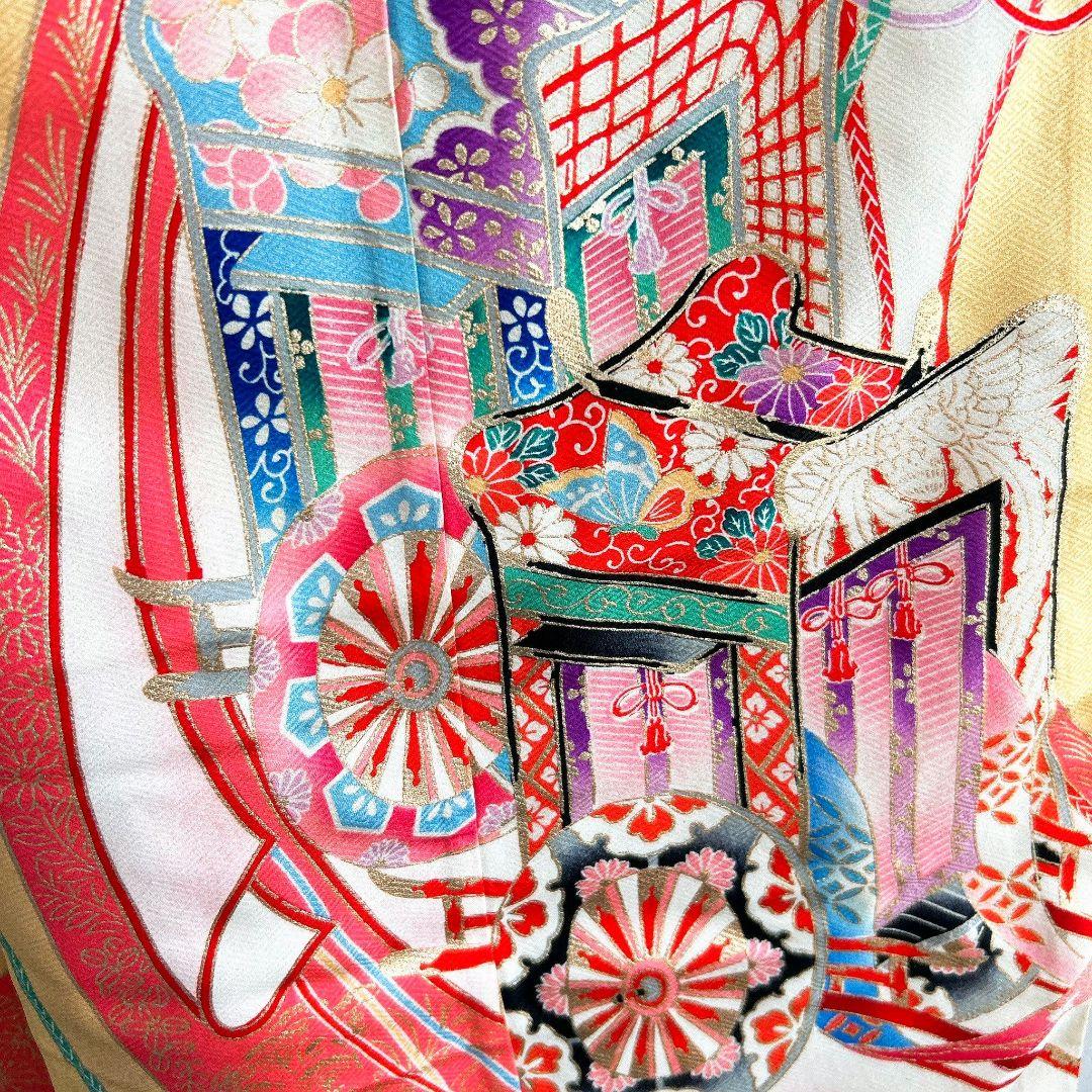 セット　七五三７歳女の子　着物＆作り帯＆袖なし長襦袢＆小物　クリーム色　花御所