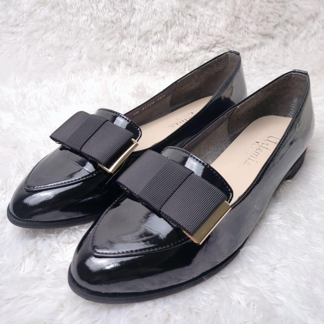 【美品】DIANA ダイアナ オペラシューズ エナメル ローファー 黒 リボン付