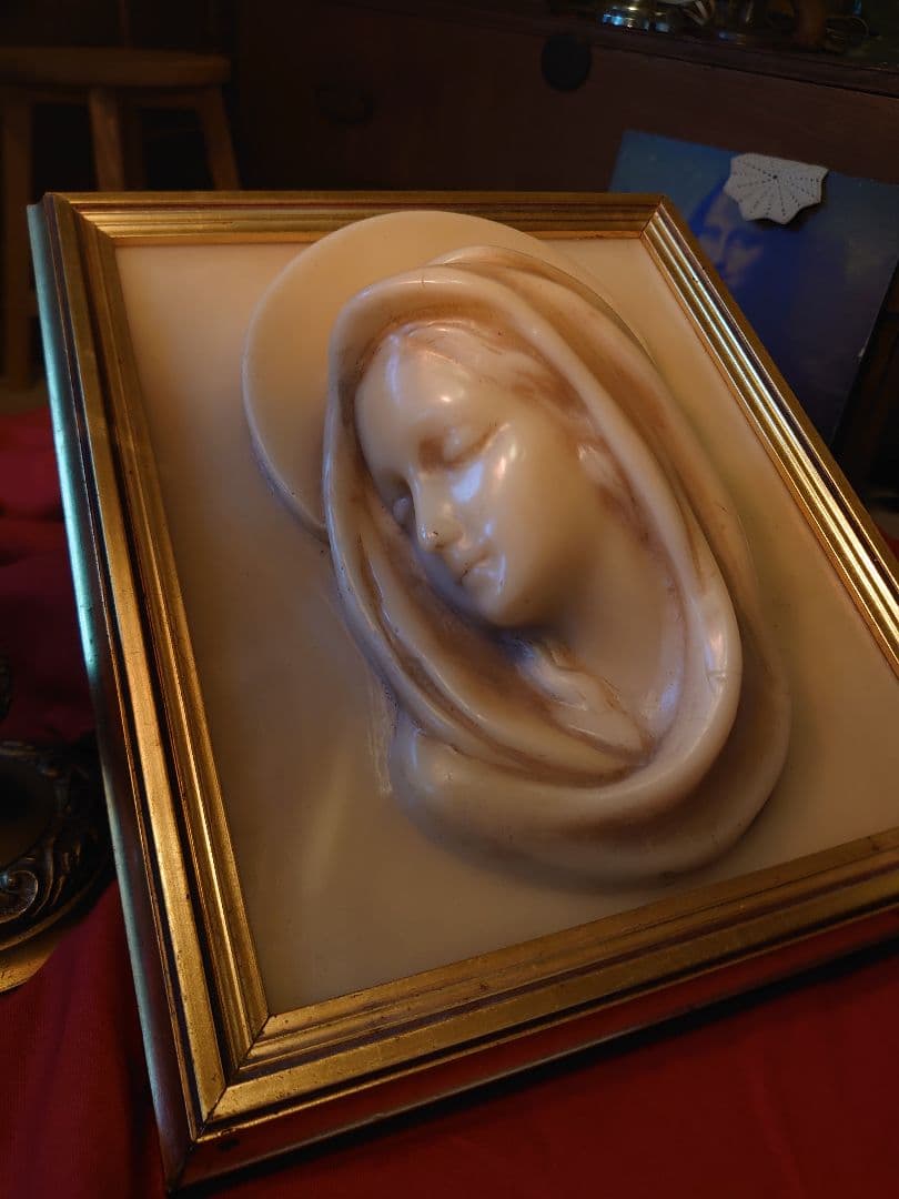 フランス アンティーク ワックス 蝋「マリア様」木製額ゴールドフレーム