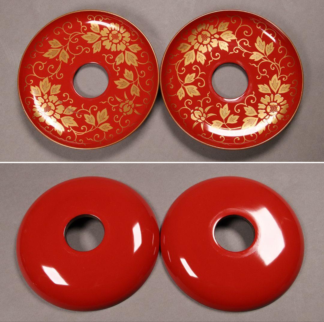 M422 時代漆芸 花唐草金蒔絵朱塗茶臺一対 九谷木米赤絵茶器 木箱 /木製茶台