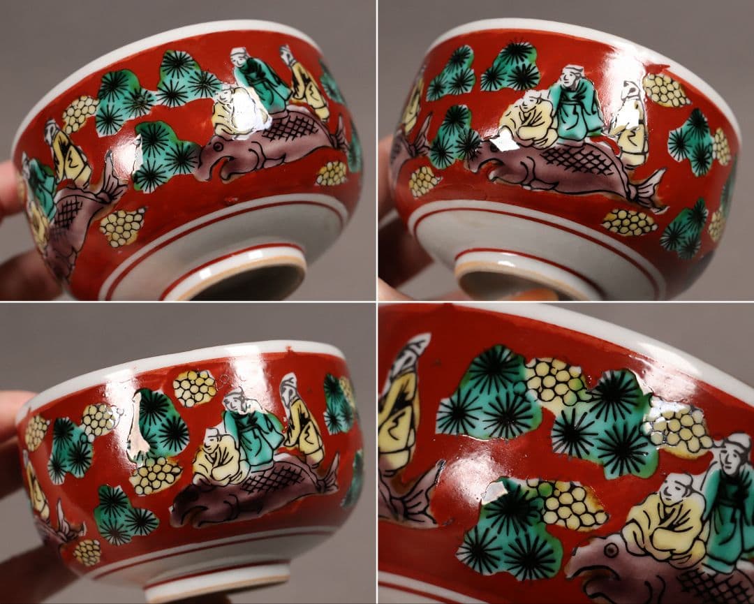 M422 時代漆芸 花唐草金蒔絵朱塗茶臺一対 九谷木米赤絵茶器 木箱 /木製茶台