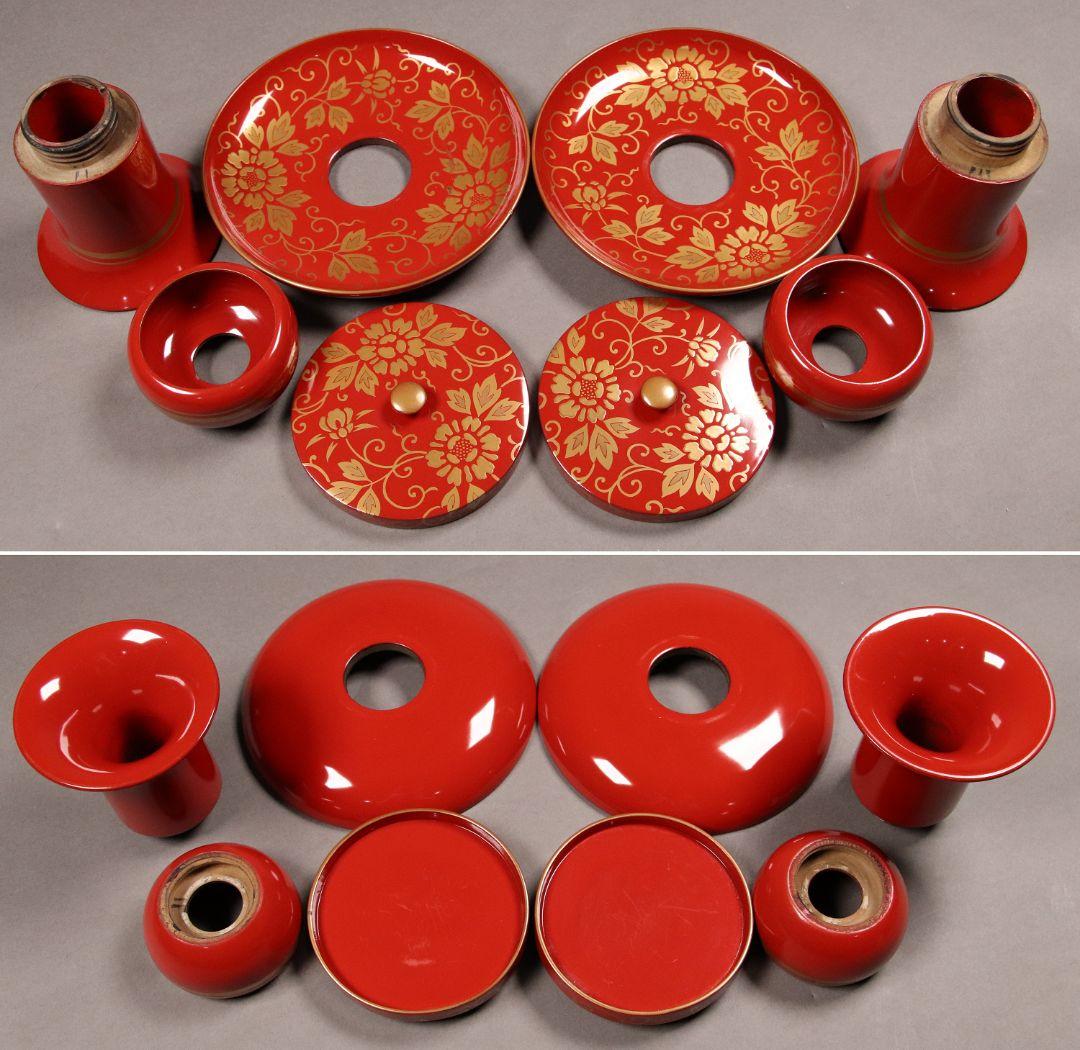 M422 時代漆芸 花唐草金蒔絵朱塗茶臺一対 九谷木米赤絵茶器 木箱 /木製茶台