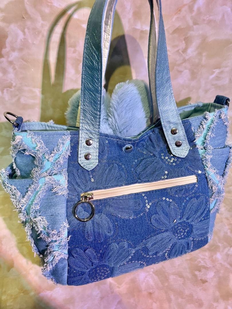 m*e様 コヤンイサムチョン　サイドポケットデニムバッグ　　　 本革持ち手　クラ