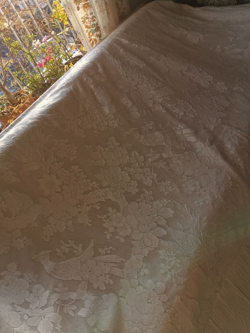 アンティーク ノッティンガムマドラスレース 餌やり鳥の親子 薔薇紋カーテンパネル