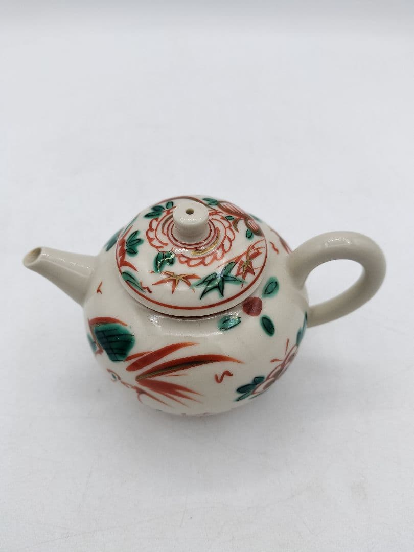 c793 煎茶　廻し篭セット 赤絵 後手急須 晃雲作 廻し籠　茶道具 古物