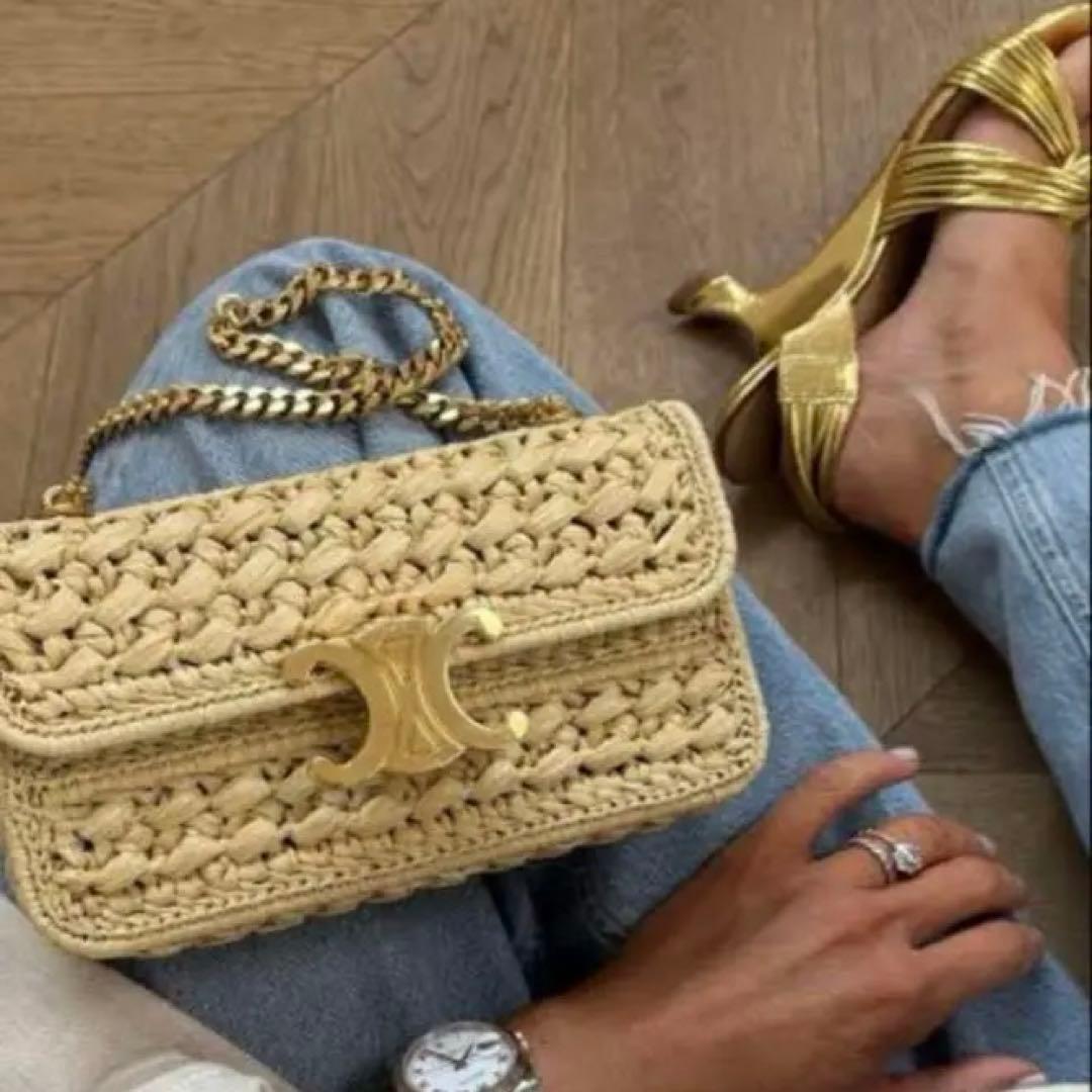 CELINE ラフィアバッグ CLAUDE チェーンショルダーバッグ カゴバッグ