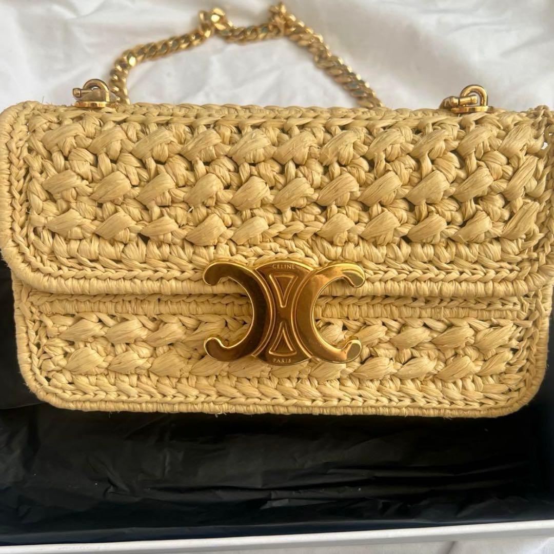 CELINE ラフィアバッグ CLAUDE チェーンショルダーバッグ カゴバッグ