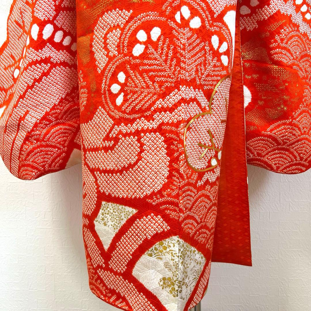 484 振袖フルセット 正絹 朱赤 オレンジ 紅白 絞り 駒刺繍 レトロ 松文