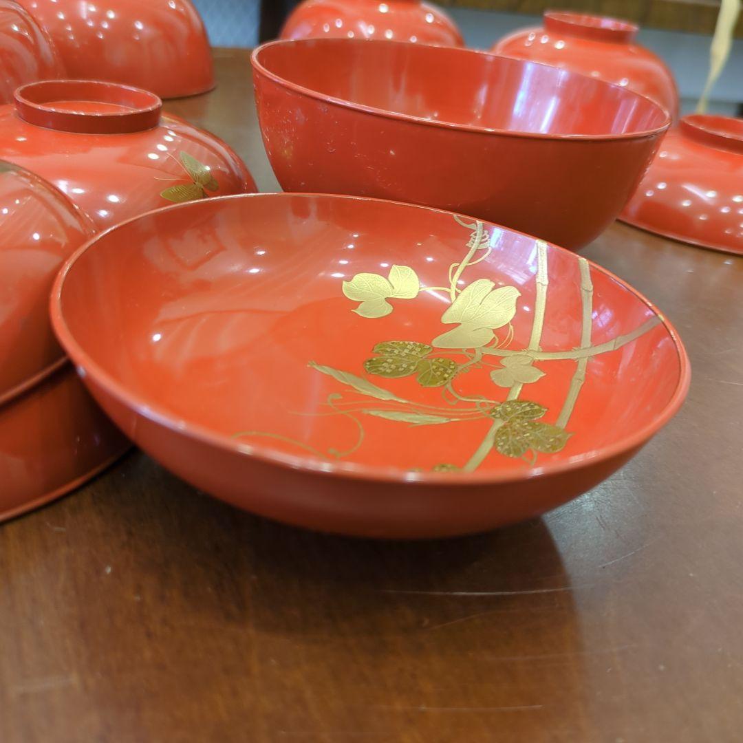 骨董　お椀　木製漆器　蒔絵　図変わり　花尽くし　蓋付き　6客