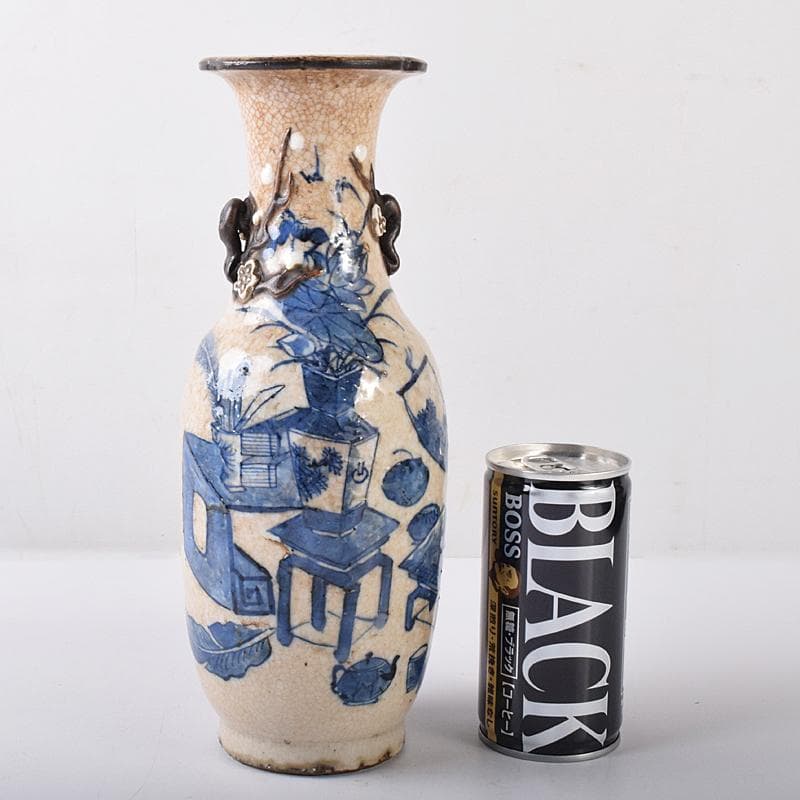 中国　成化年製　青花　花瓶文　貼梅双耳瓶　D　R7889