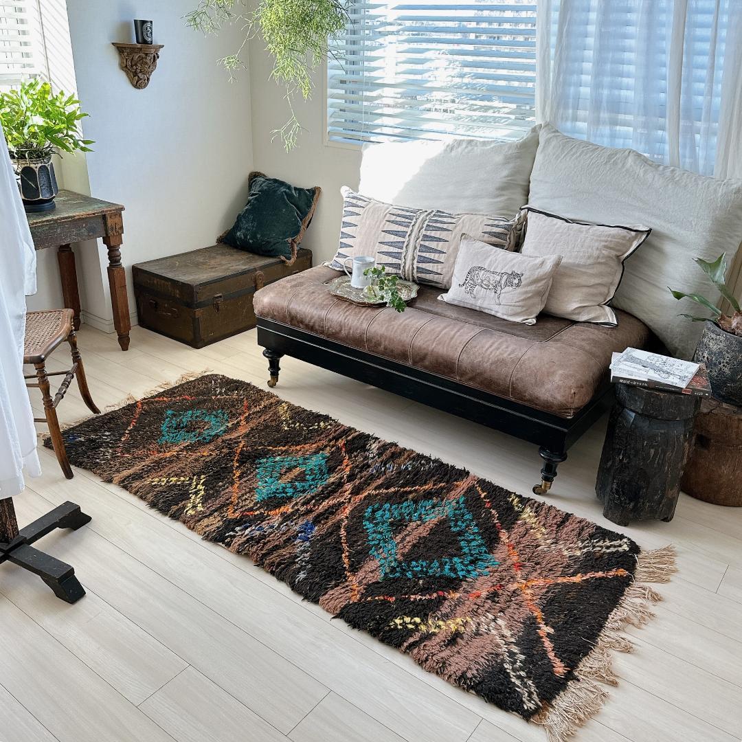 モロッコ ヴィンテージラグ141 レア ブラウン ターコイズ オレンジ イエロー