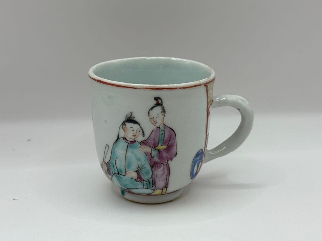 中国　清時代　乾隆時期　粉彩人物紋湯呑み&小皿　アンティーク　送料込み0608