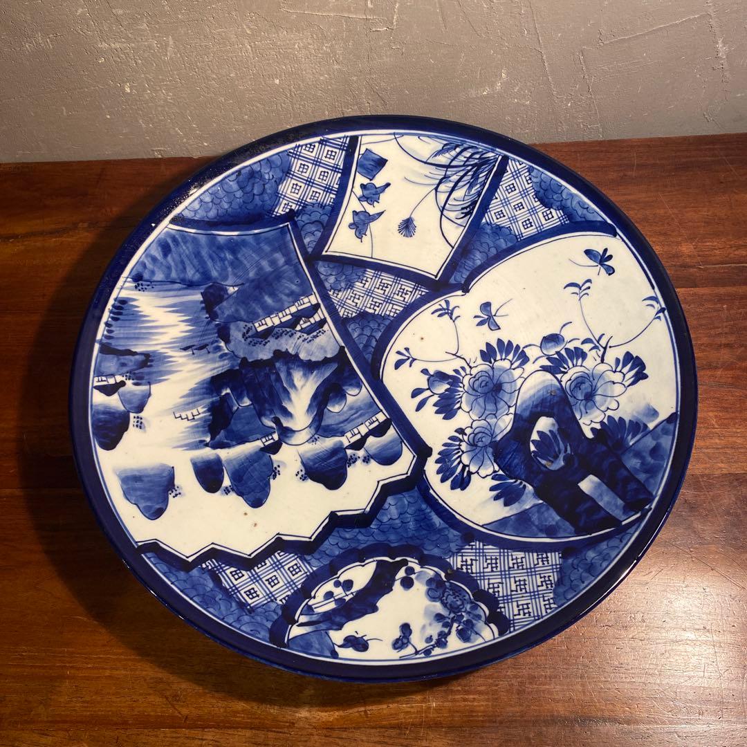 骨董品 古伊万里 40.5cm染付大皿 ベロ藍 山水画 花鳥文 江戸後期