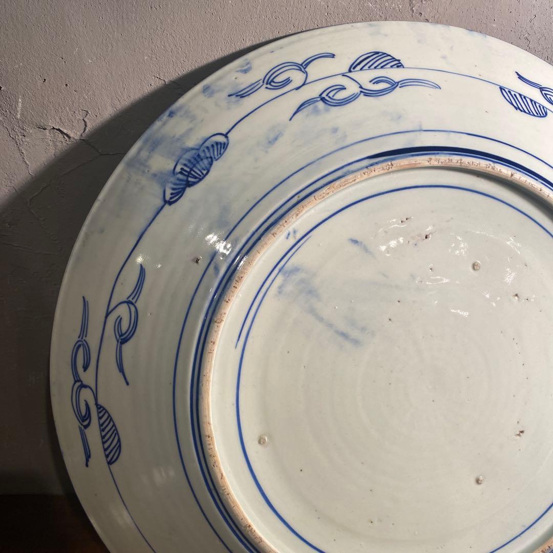 骨董品 古伊万里 40.5cm染付大皿 ベロ藍 山水画 花鳥文 江戸後期