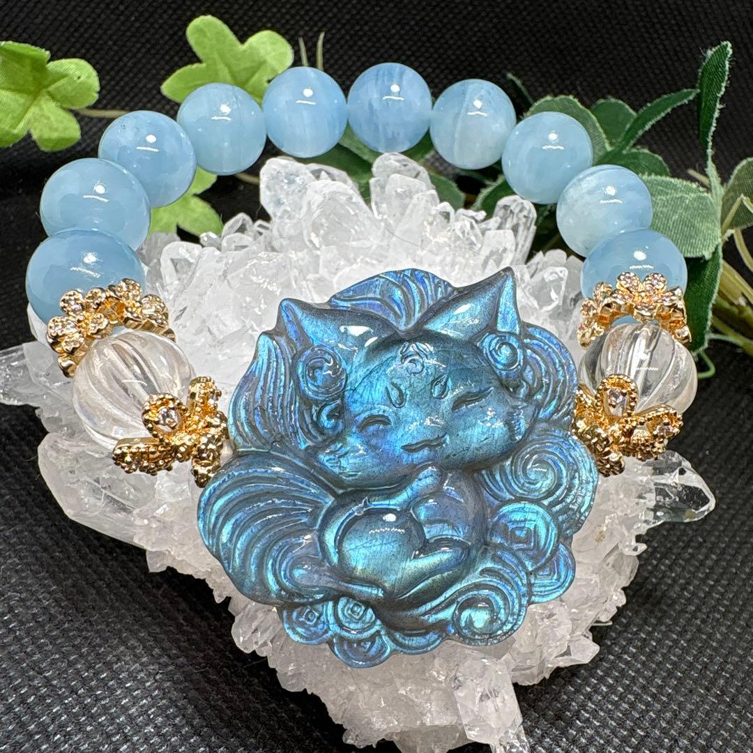 ＊いちごウサギ様＊【良質】ラブラドライト　九尾狐　アクアマリン　ブレスレット