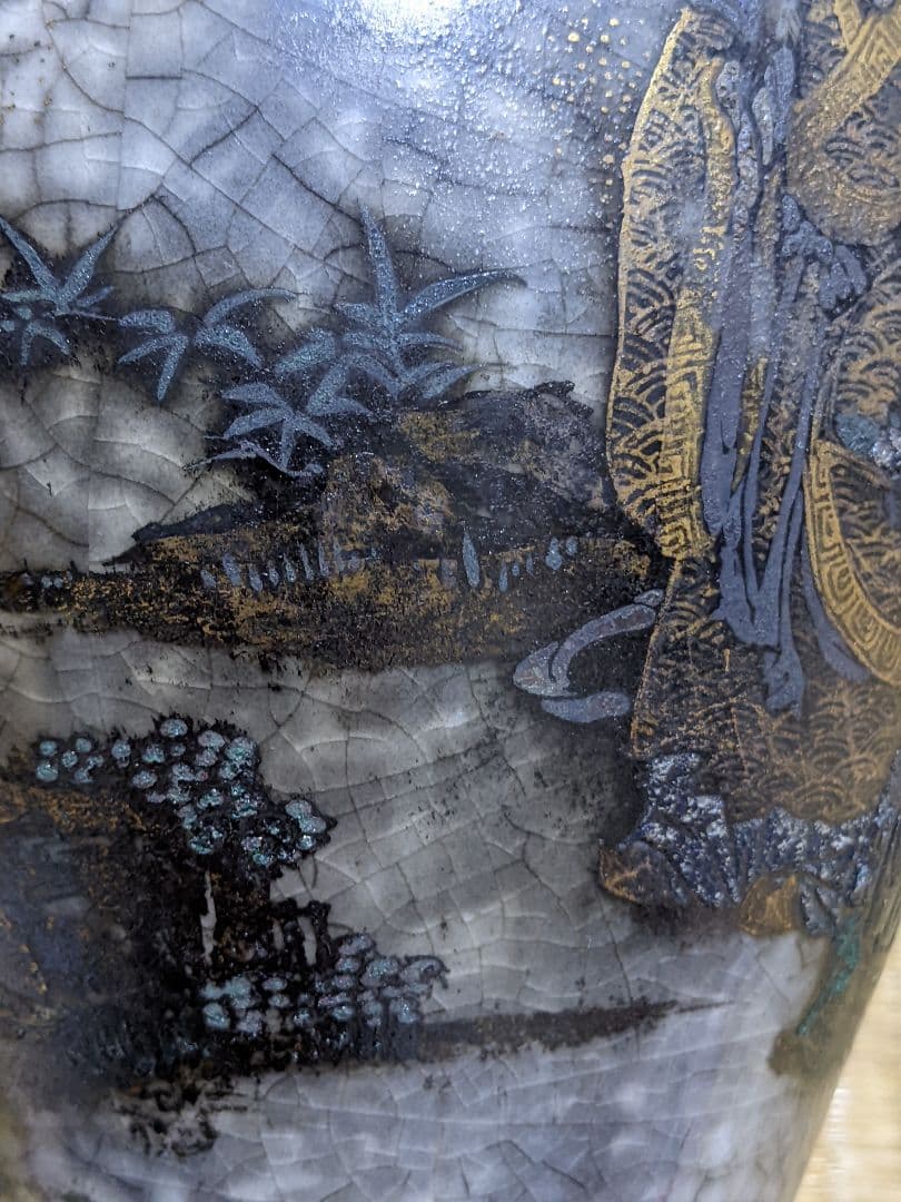 ♦乾山焼？珍品 芭蕉扇 唐貴婦人 金彩銀彩 蓋付き沈香壺 明治時代 古美術骨董品