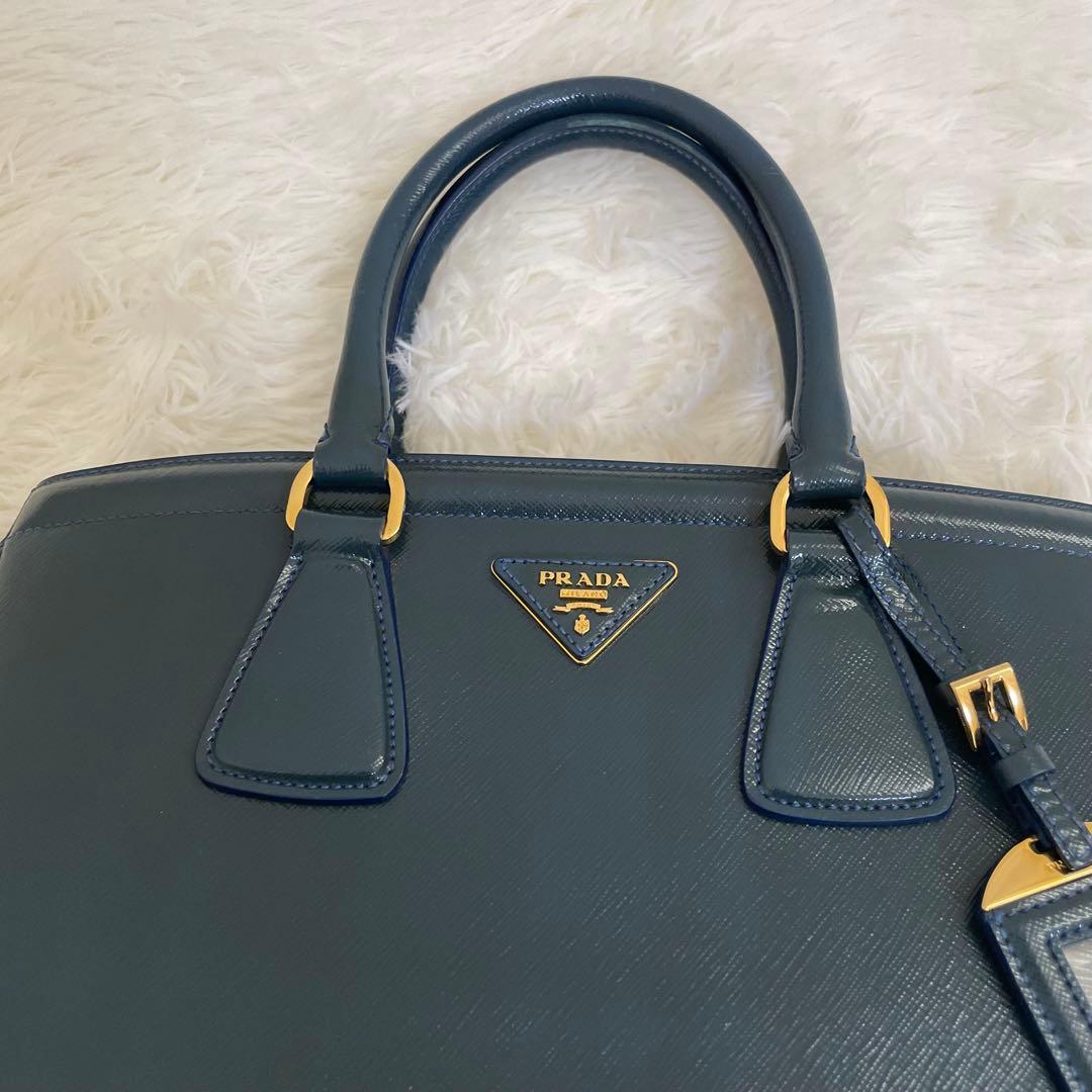 極美品 PRADA ガレリア サフィアーノ ハンドバッグ ブルー 三角ロゴ