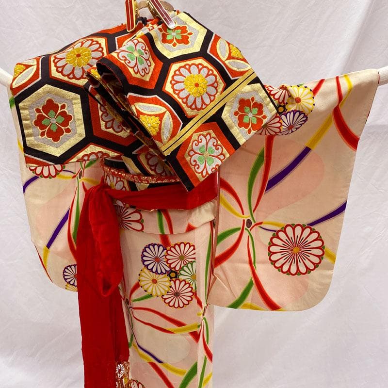 508ag9◎七五三 七歳 女児 アンティーク着物&丸帯 総柄 レトロ◎