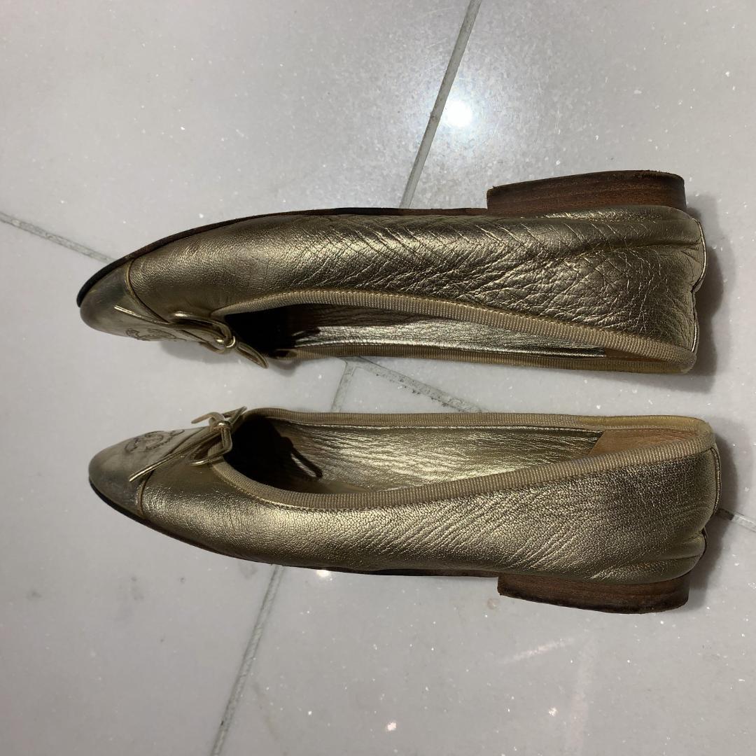 CHANEL シャネル バレエシューズ ゴールド CCロゴ フラット 24cm
