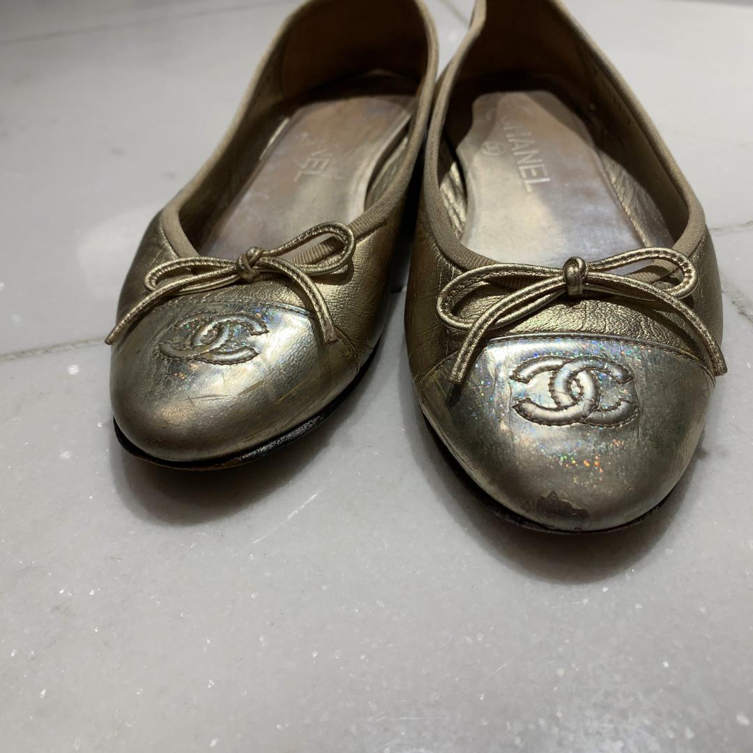 CHANEL シャネル バレエシューズ ゴールド CCロゴ フラット 24cm