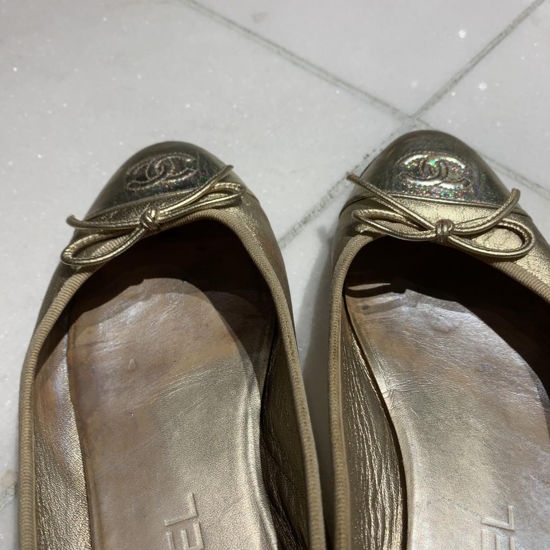 CHANEL シャネル バレエシューズ ゴールド CCロゴ フラット 24cm