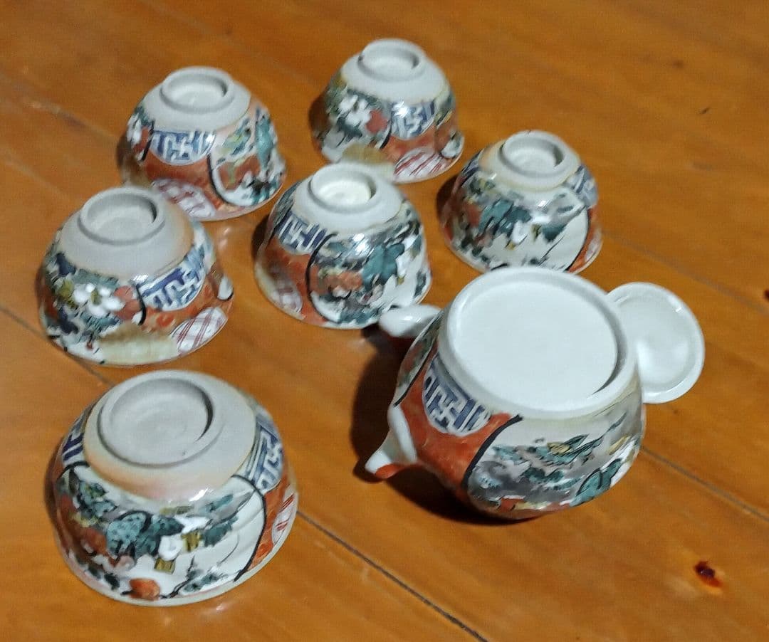 九谷焼 赤絵 金彩 人物 花絵 茶器セット 7点 明治時代物