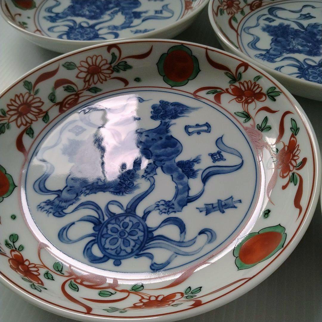たち吉 橘吉 赤絵 草花丸紋 染付 獅子 古伊万里 中皿 和食器 深皿 5客揃