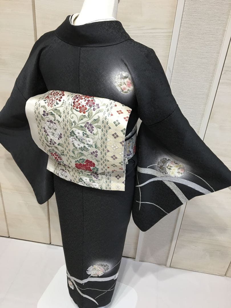 都会的　ドレッシーな【訪問着】正絹　友禅　墨色　裄長め