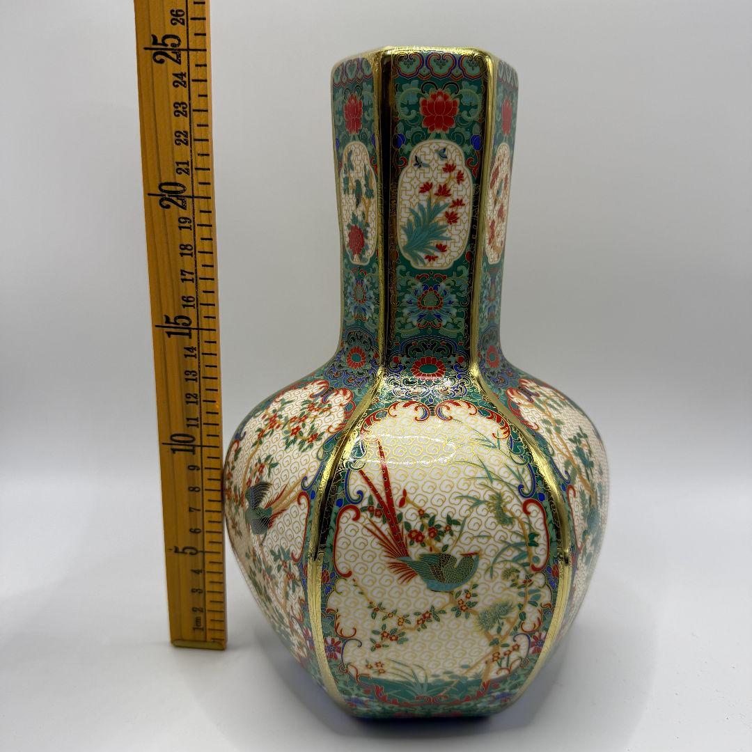 R106 彩色蒔金緑釉花鳥五稜梅瓶 花瓶（かびん）陶磁器 アンティーク
