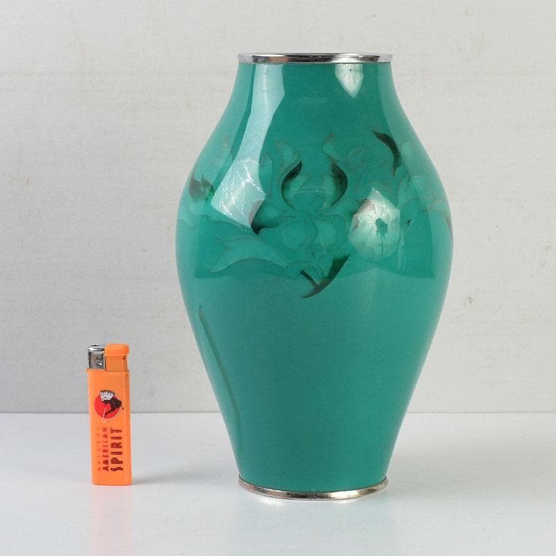 七宝焼　透翡翠釉　花文　花瓶　時代箱　V　9632D