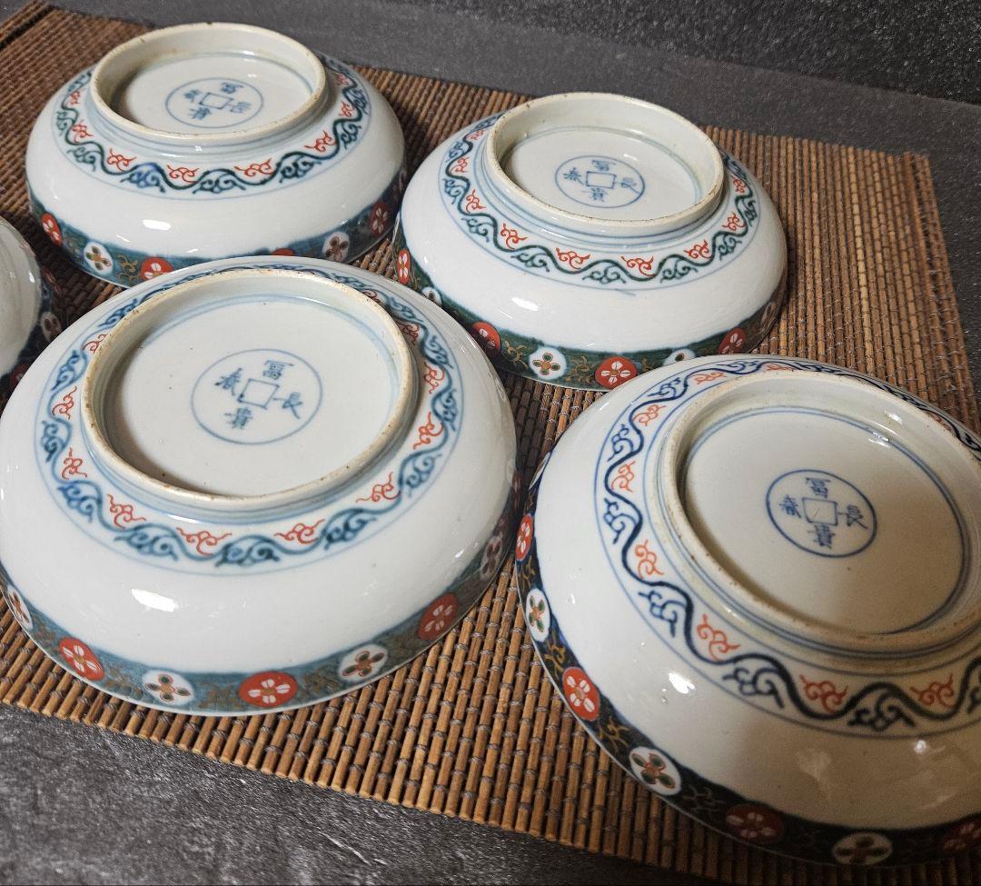 江戸時代末期　献上古伊万里様式　錦手　鳳凰に桐葉文　15.5cm   深皿　5客