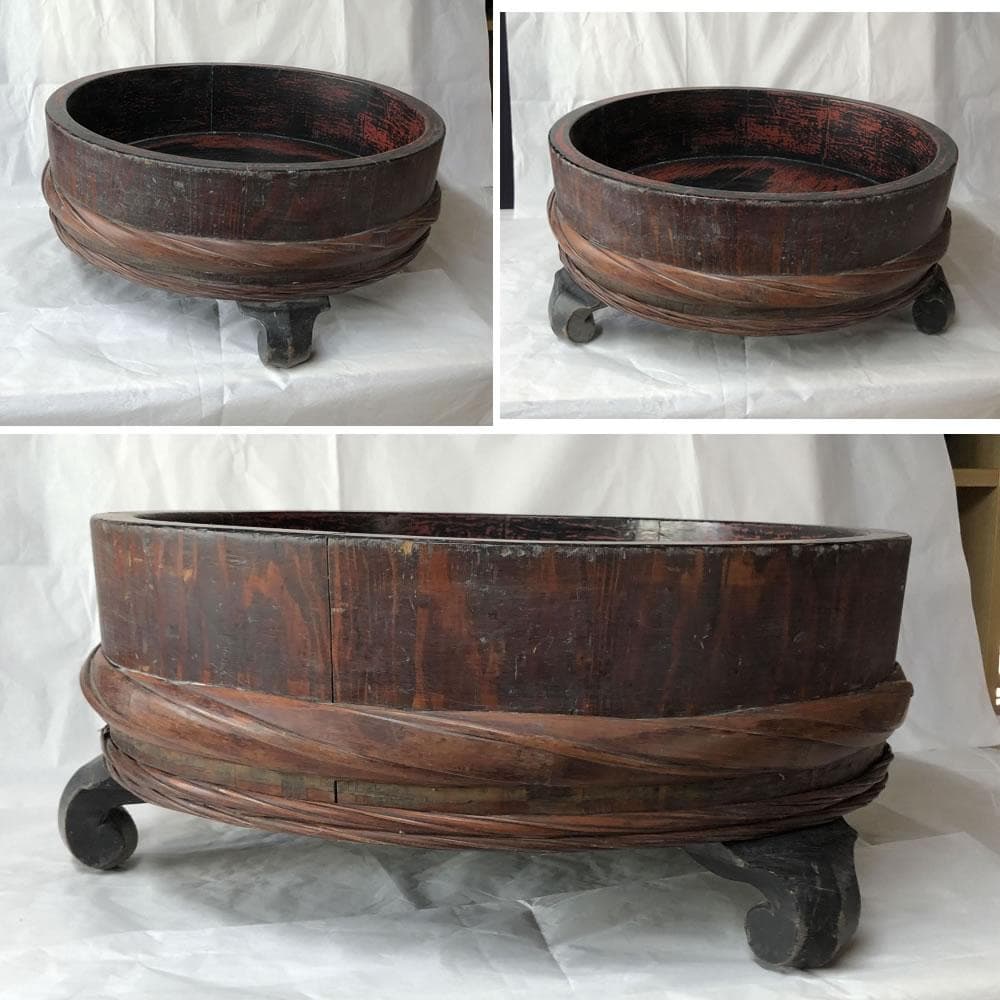 e2636 根来盆 直径43cm 桶 丸桶 飾り棚 違い棚付 煎茶盆 古道具