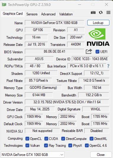 白いグラボ ASUS GTX1060 6GB