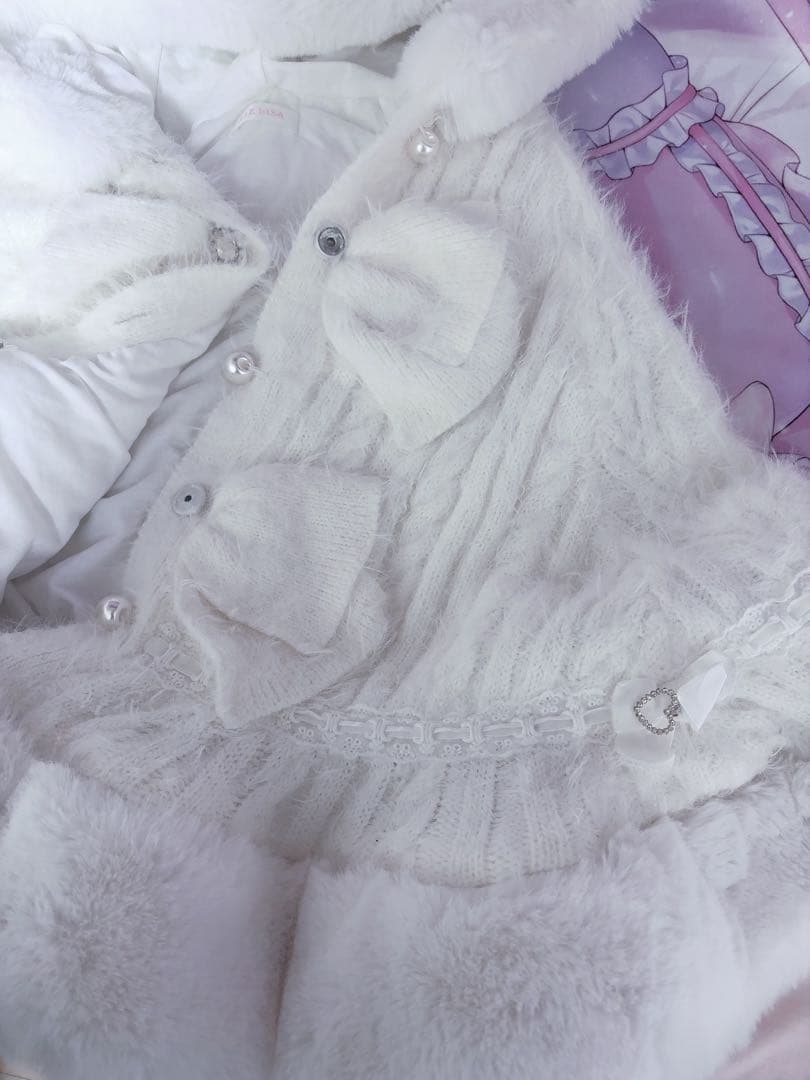 LIZLISA ダブルリボンニットファーポンチョ ホワイト