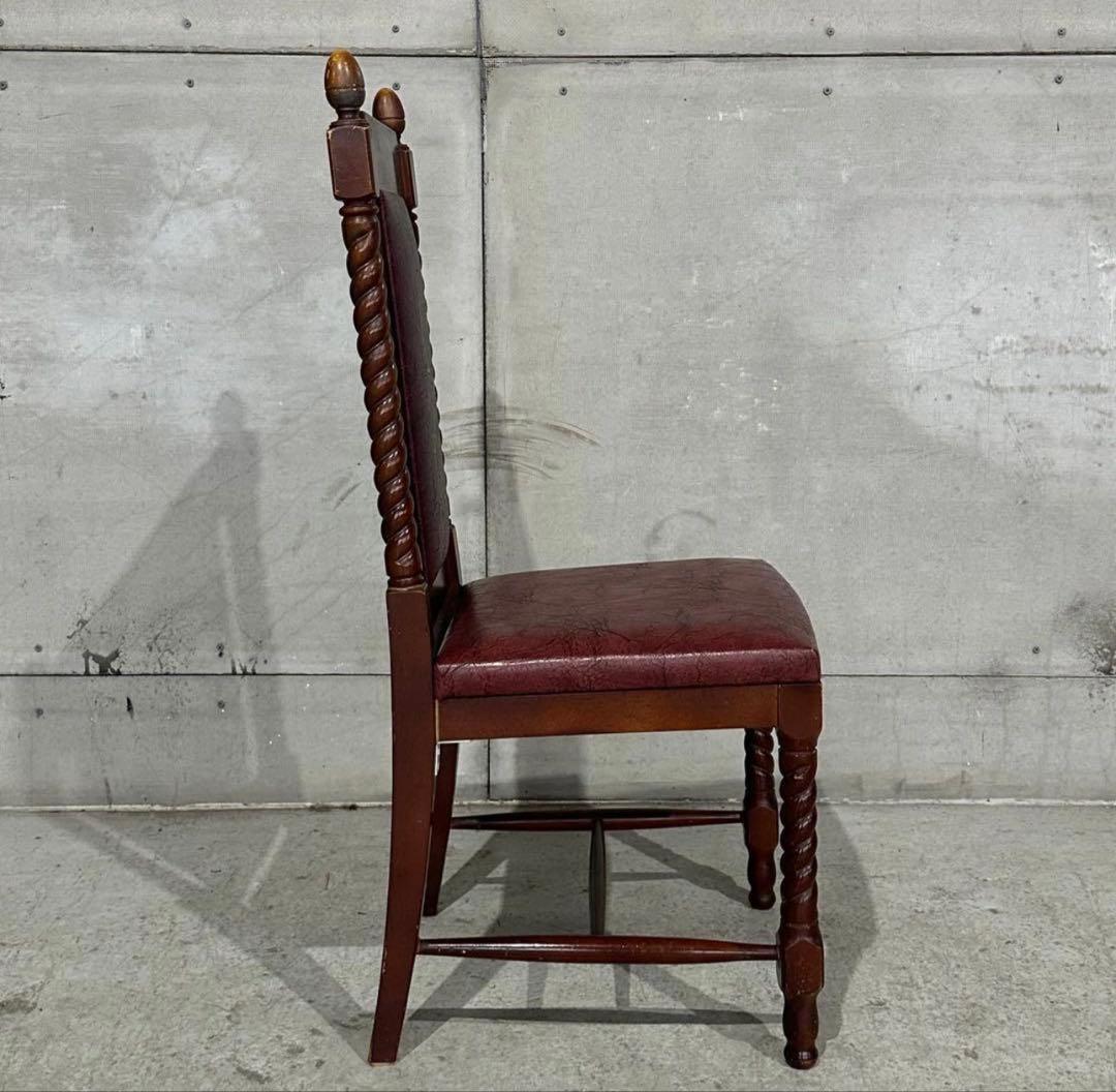 ✦バロック調✦アンティークチェア 木製 ツイスト脚 ワインレッド 鉄鋲 合皮張り