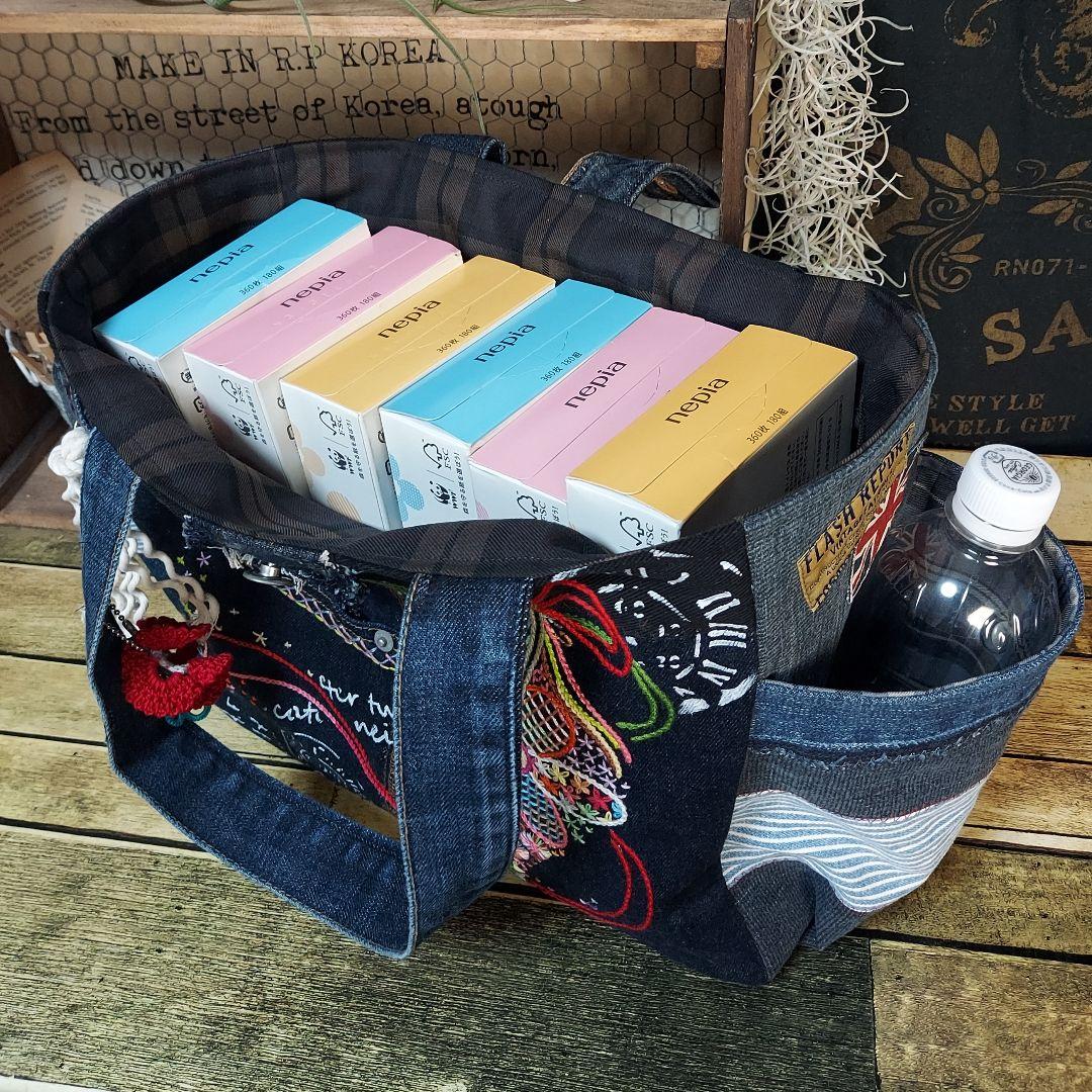 【Kal】大きな刺繍デニムバック　No.651　デニムリメイク　特大バック