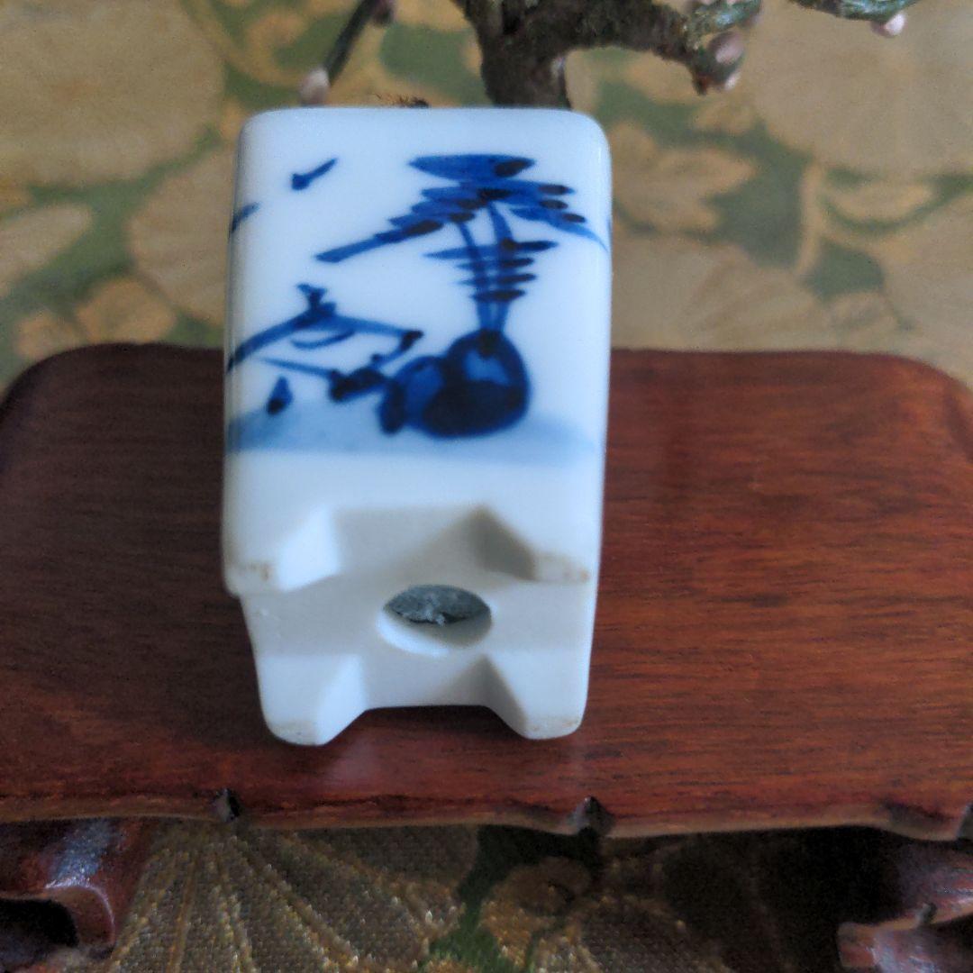 【最終価格】紅白梅豆盆栽（作り物）ミニサイズ 置物（花台付）一対