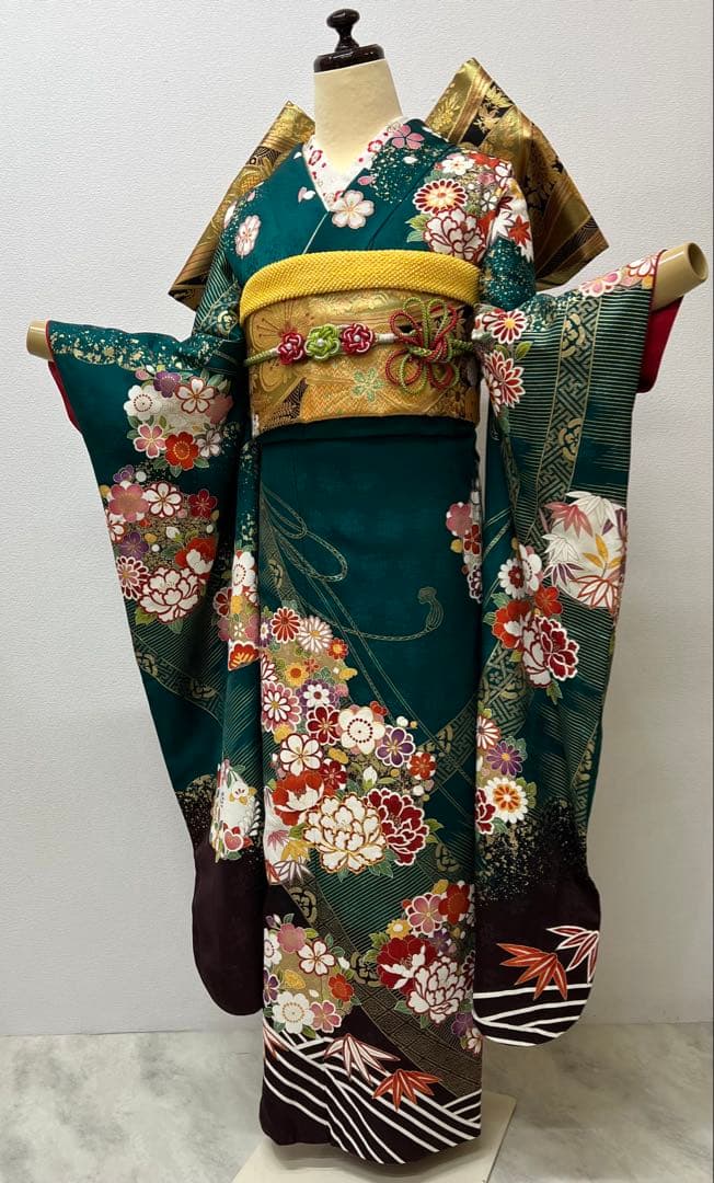 振り袖　フルセット　長襦袢付　成人式　グリーン　金彩加工　刺繍入り　744