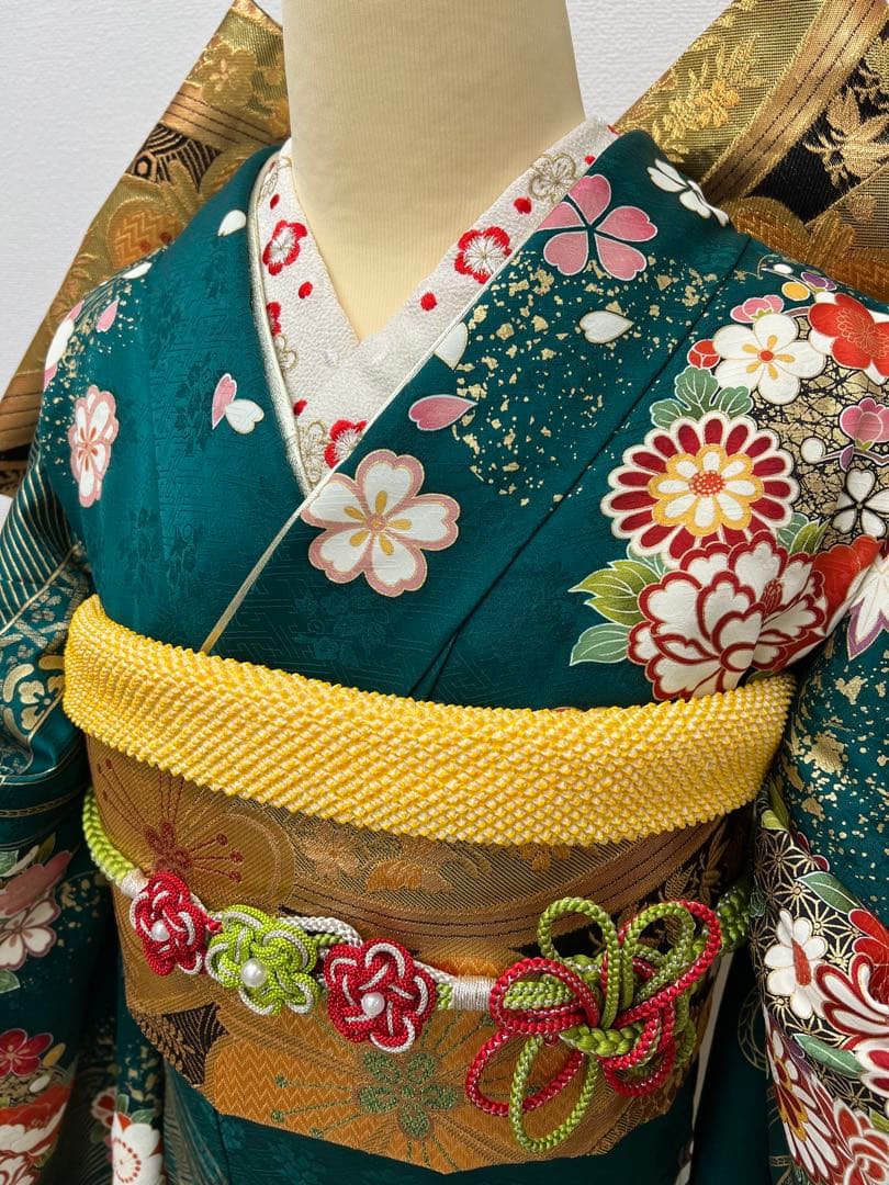 振り袖　フルセット　長襦袢付　成人式　グリーン　金彩加工　刺繍入り　744