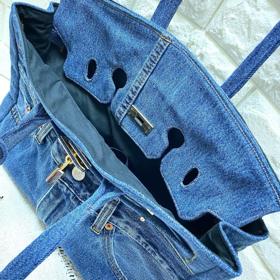 デニムリメイク フラップ付きトートバッグ　【Mサイズ】ミディアムブルー