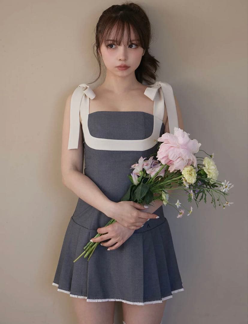 ワンピース Chuchu pleats ribbon dress andmary