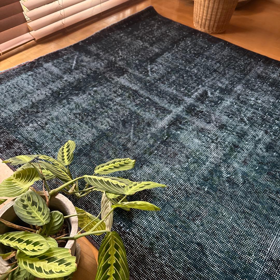 貴重110×198 デニムブルー藍色オーバーダイ　トルコヴィンテージラグ