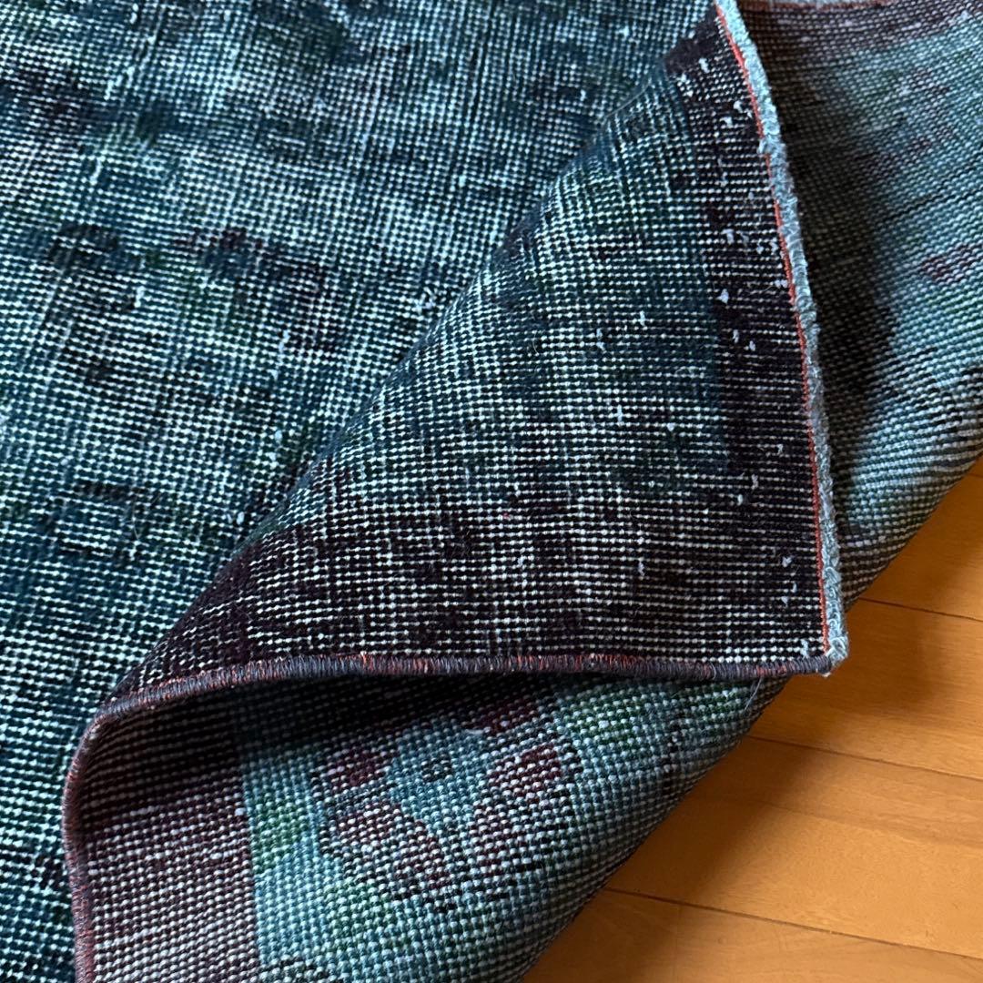貴重110×198 デニムブルー藍色オーバーダイ　トルコヴィンテージラグ