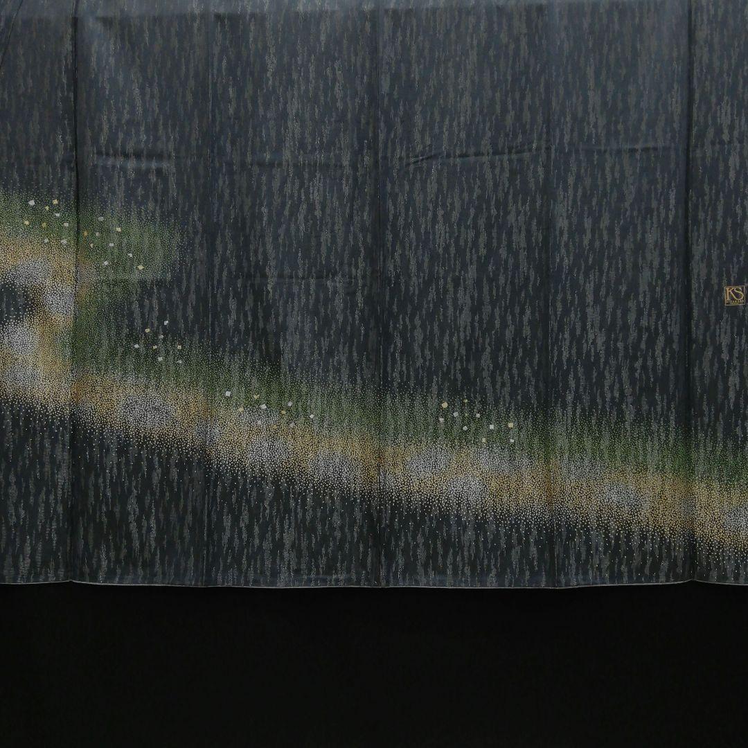 しゃれ訪問着(袷)　(銀通し銀河紋様　オーロラ風　墨黒色系　落款　小サイズ)