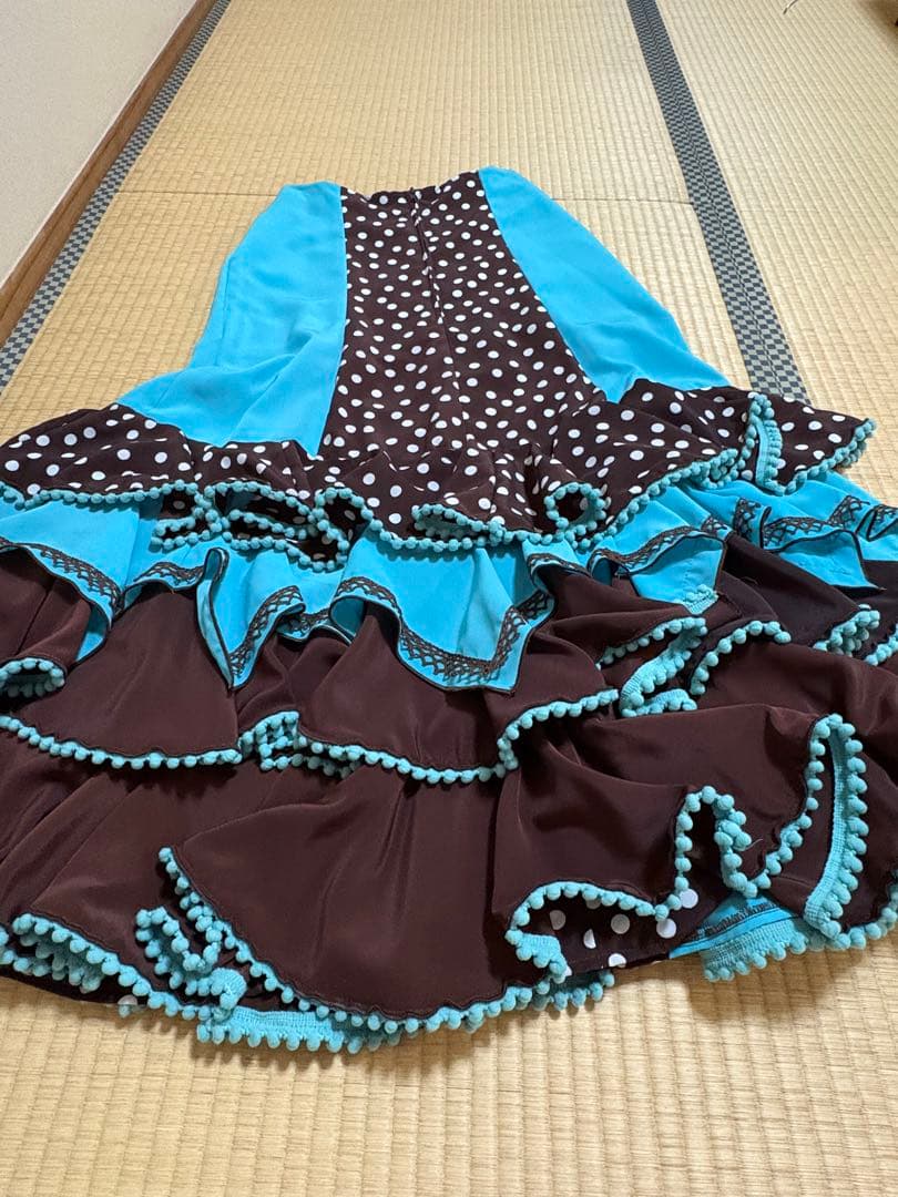 フラメンコドレス 茶色と水色のドット柄　マンサニージャ