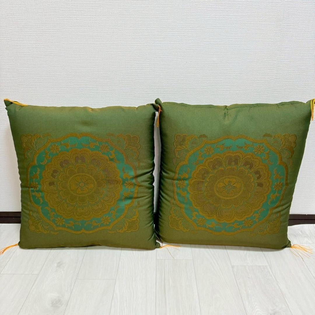 【高級金襴座布団 9枚セット】深緑×金 和風柄 法要 寺院 旅館 座布団セット