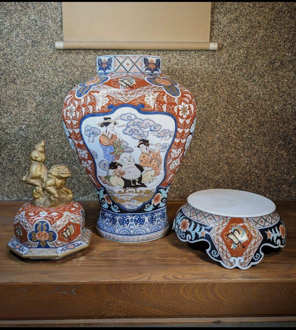 未使用　有田焼　沈香壺　色絵 神右衛門作　七福神　特大八角三段　総手描 干支龍