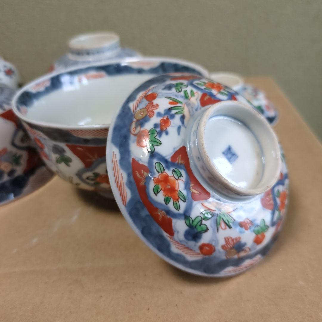 骨董 伊万里 古伊万里 蓋茶碗 色絵 煮物碗 飯碗 　アンティーク　5つ
